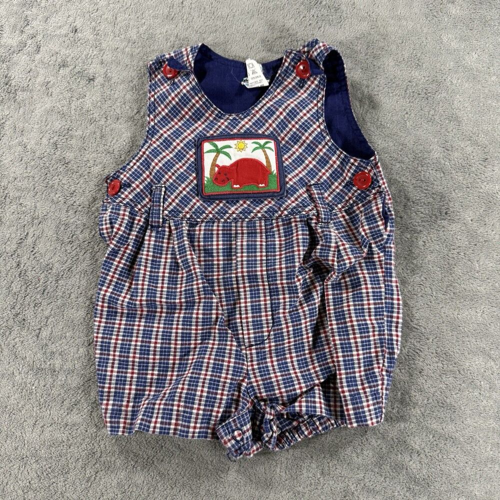 Vintage Baby Romper One-Piece Outfit Bubble Plaid Hippo Appliqué Patch 6-9 Mon